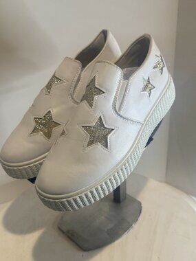 Pink Label Women's Slip-On Stylish Fashion Sneaker with Glitter Stars in White